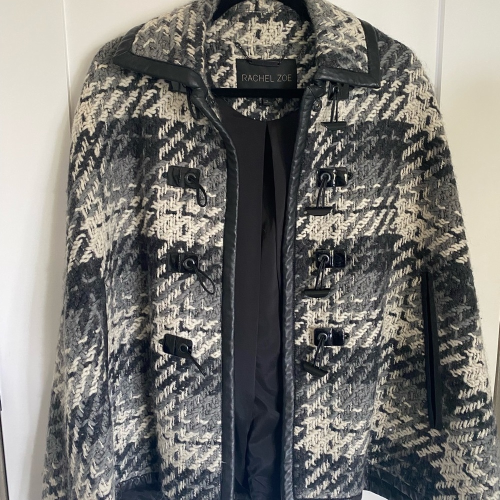 Rachel Zoe Oversized Tweed Cape Coat Toggle Closure Black White Houndstooth XS P
